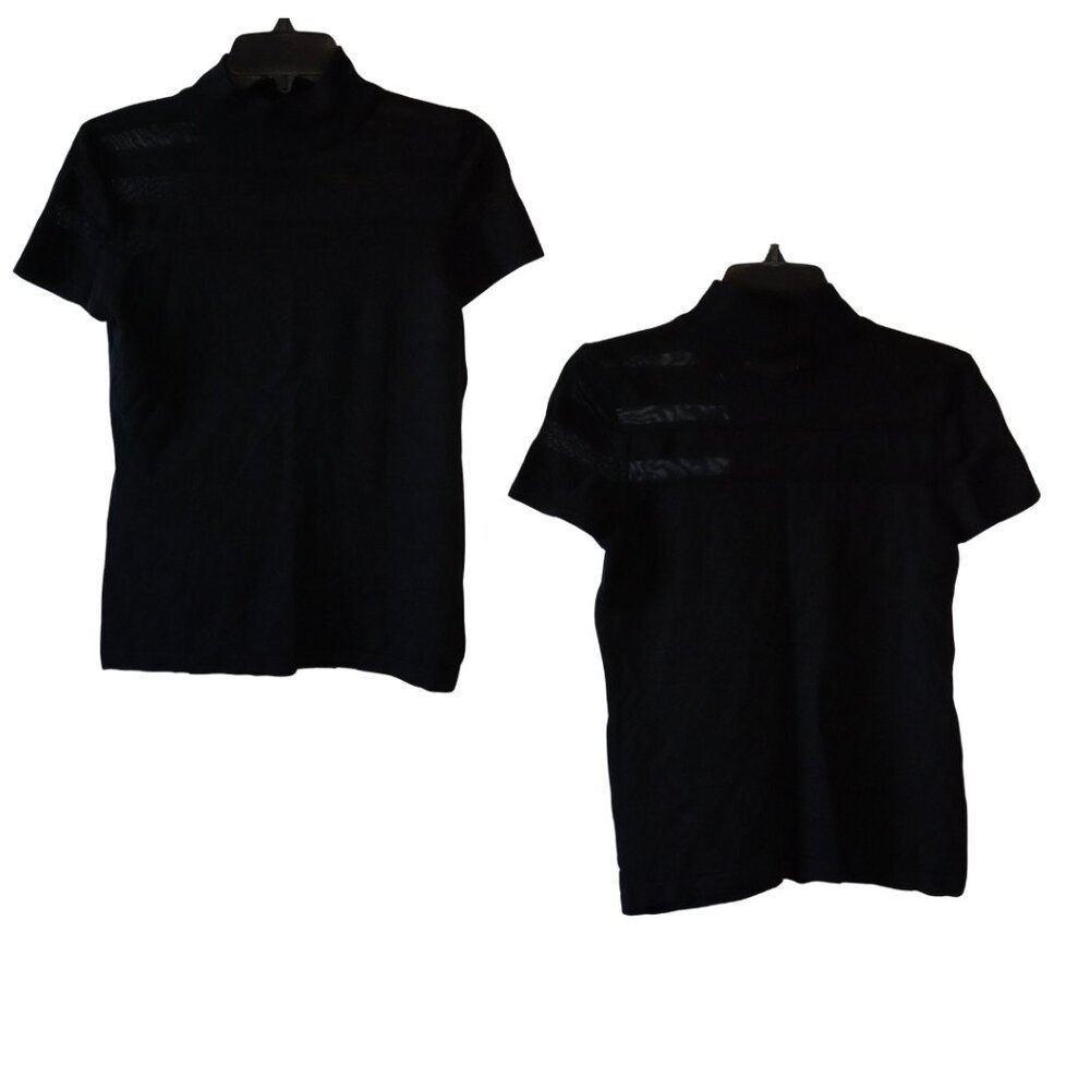 Carmen Marc Valvo, Short Sleeve Mock Neck Sheer Knit Top, Black Size Medium - Picture 2 of 5